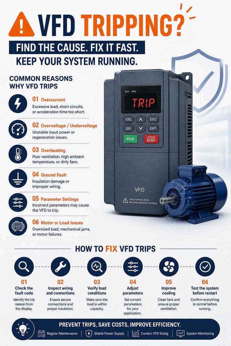 lcgk001's tweet image. VFD tripping? 🤔

Don’t replace it.
Fix it.
⚡ Check current
🔥 Check temperature
🔧 Check settings

👉 Simple fixes. Big impact.
#KeepItRunning #VFD #Industrial