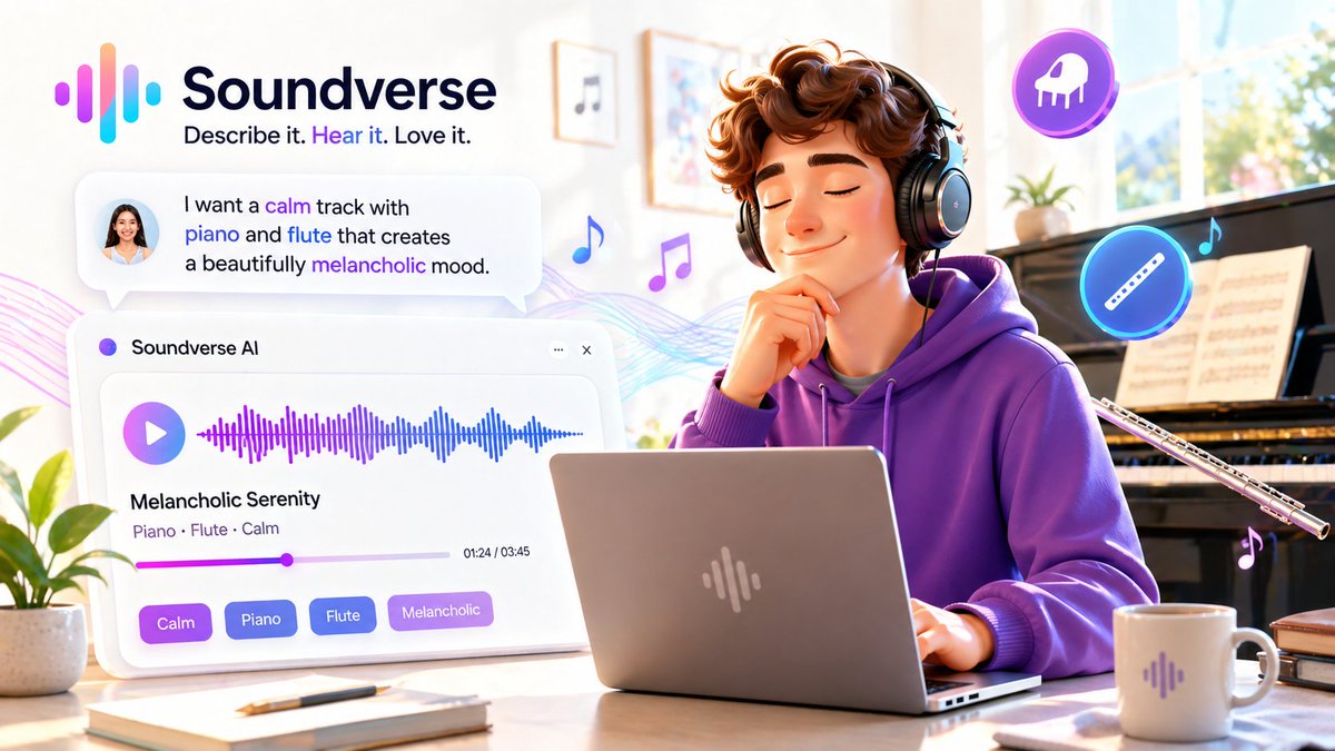 KavianCoin's tweet photo. 🎧⚡️ CREATE YOUR SOUND. CONTROL THE VIBE.

Most people think making music takes years…
❌ Skills
❌ Instruments
❌ Studio setups

Not anymore.

🚀 Soundverse flips the whole game.
🔗 https://t.co/YcugAtet1n

You don’t compose…
You describe.

💬 Type it
🗣️ Say it
🤖 Chat it

And watch AI turn your idea into actual music.

🎹 Example:
“Calm piano + flute… soft, emotional, slightly melancholic…”

✨ Boom.
A full track generated to match your exact mood.

🎯 Why this hits different:
• No musical background needed
• Instant idea → sound conversion
• Perfect for creators, podcasts, edits
• Unlimited experimentation without limits

⚡️ This isn’t just music creation…
It’s creative freedom at speed.

🎵 If you can imagine it, you can hear it.

#AIMusic #Soundverse #MusicCreation #ContentCreators #FutureOfMusic #CreateWithAI