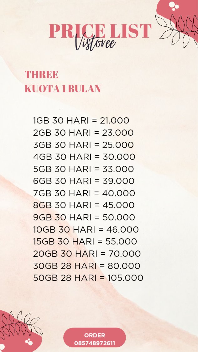 silvia1014101's tweet photo. READY KUOTA THREE 1 BULAN🔥
✔ Fast respon
✔ Aman &amp; terpercaya
✔ Bisa QRIS
Langsung gas DM / WA ya👇
https://t.co/QFR8qYf2rx

#zonauangㅤ 
#kuotamurah https://t.co/QrlkbtWyrG