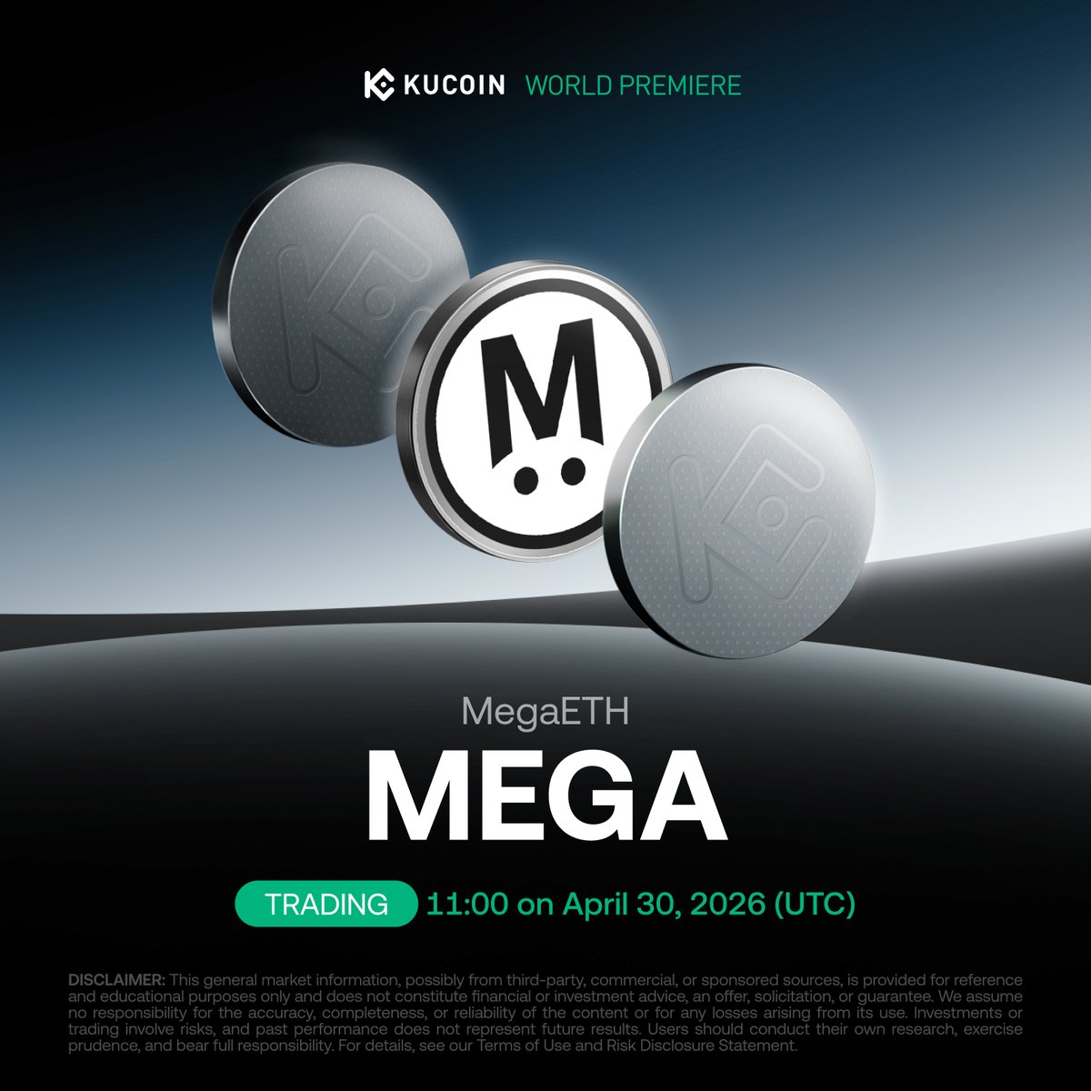 kucoincom's tweet image. 📢 World Premiere Listing: @megaeth $MEGA Is Coming to #KuCoin!

MegaETH is the first real-time blockchain, where crypto applications leverage extreme performance to reach their full potential.

📅 Trading starts: 11:00 on April 30, 2026 (UTC)
💰 Deposits open now (MegaETH