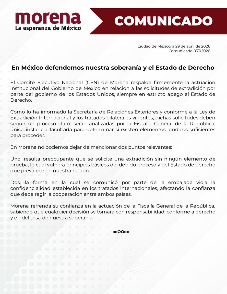 Mar_Escandon's tweet image. 🔴⚪️ #LoÚltimo 🇲🇽 | #Morena respalda al Gobierno de México ante solicitudes de extradición de EE. UU.

📌 El #CEN del partido expresó su apoyo a la postura federal frente a estos procesos, destacando la defensa de la soberanía nacional y el apego estricto al Estado de Derecho.