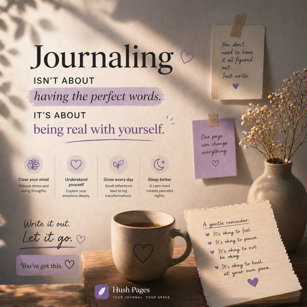 HushPagesApp's tweet image. Journaling isn't about having the perfect works. It's about being real with yourself  

Hush Pages: AI guided journaling 
 #ai #journaling #hushpages #memories

Download now: apps.apple.com/app/id67616621…