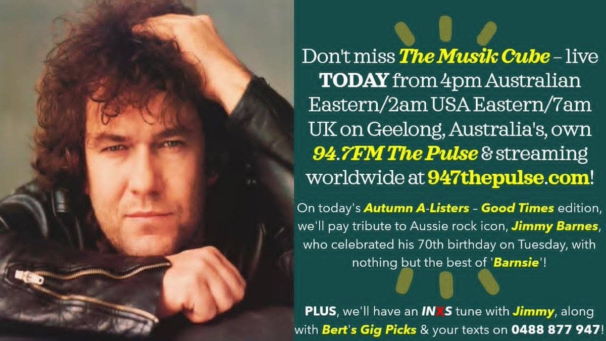AJBrady_Sports's tweet photo. .@TheMusikCube - live TODAY from 4pm Australian Eastern/2am USA Eastern/7am UK on @947ThePulse, https://t.co/KDbIHvxnmt &amp; via the #CommunityRadioPlus &amp; @TuneIn apps!
#AutumnAListers - #GoodTimes edition.
Celebrating @JimmyBarnes' 70th birthday!
The BEST of #Barnsie &amp; @ColdChisel! https://t.co/FkcdbZG2Eh