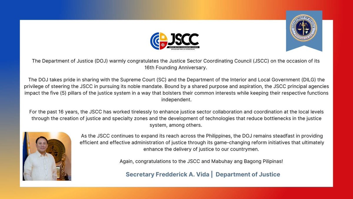 dojphofficial's tweet photo. 𝐑𝐄𝐀𝐃 | Message from Secretary Fredderick A. Vida of the Department of Justice for the JSCC 16th Anniversary.

#JSCC
#BayanihanParaSaKatarungan
#JusticeZone 
#DOJPH
#BagongPilipinas https://t.co/8mQPk50XNG