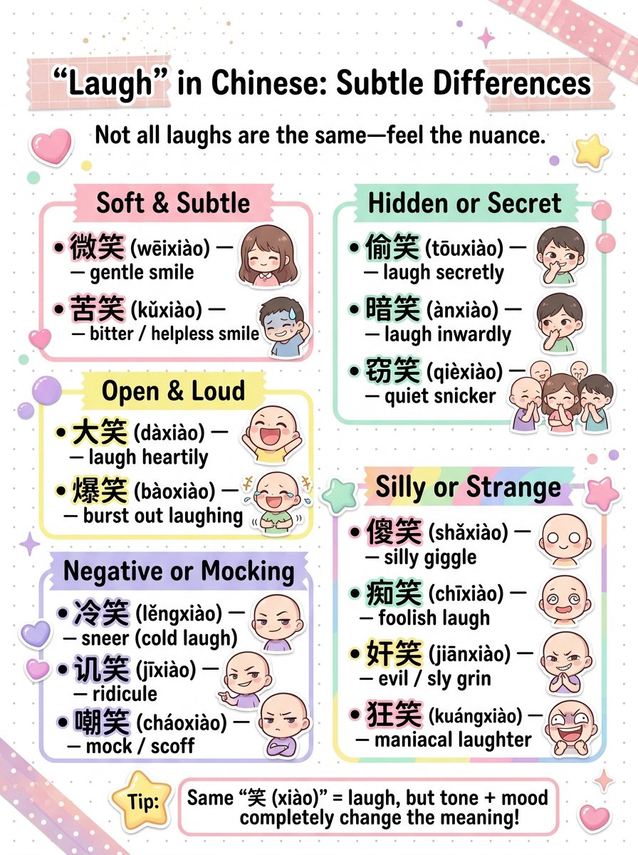 chinese_s_d's tweet photo. Chinese has a way of turning a simple laugh into something totally different just by changing one character.

From a gentle smile to a cold sneer, the vibe shifts instantly. 🎭

It’s all in the nuance of how you express that energy. ☁️✨

Which one do you find yourself doing the most?

[Useful Words]
• 微笑 (wēixiào) — Gentle smile
• 苦笑 (kǔxiào) — Bitter / helpless smile
• 偷笑 (tōuxiào) — Laugh secretly
• 暗笑 (ànxiào) — Laugh inwardly
• 窃笑 (qièxiào) — Quiet snicker
• 大笑 (dàxiào) — Laugh heartily
• 爆笑 (bàoxiào) — Burst out laughing
• 冷笑 (lěngxiào) — Sneer / cold laugh
• 讥笑 (jīxiào) — Ridicule
• 嘲笑 (cháoxiào) — Mock / scoff
• 傻笑 (shǎxiào) — Silly giggle
• 痴笑 (chīxiào) — Foolish laugh
• 奸笑 (jiānxiào) — Evil / sly grin
• 狂笑 (kuángxiào) — Maniacal laughter