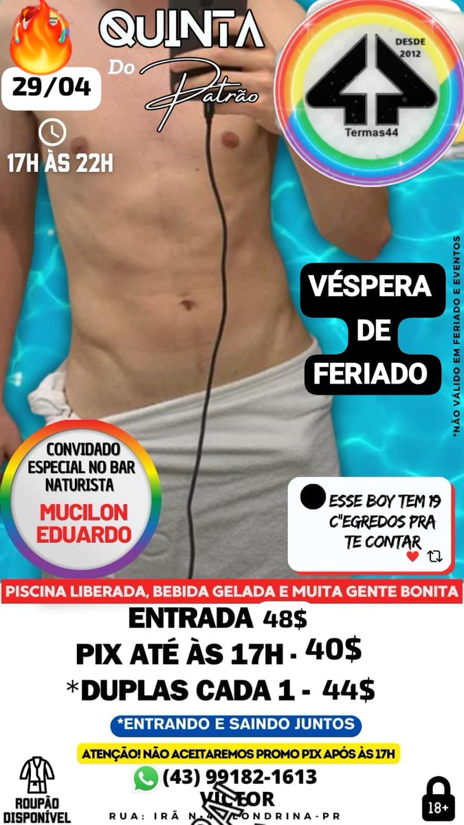Dados para pagamento da entrada  QUINTA DO PATRÃO: 🌈🌈🌈🌈

*PAGAMENTO ANTECIPADO PARA DESCONTO APENAS ATE AS 17H DE QUINTA*

Chave pix cel - 43 991821613

Marli guerra Me

Banco Stone

VALOR - 40$ 

Envie o comprovante no pv para , ser listado , apresentar comprovante na porta