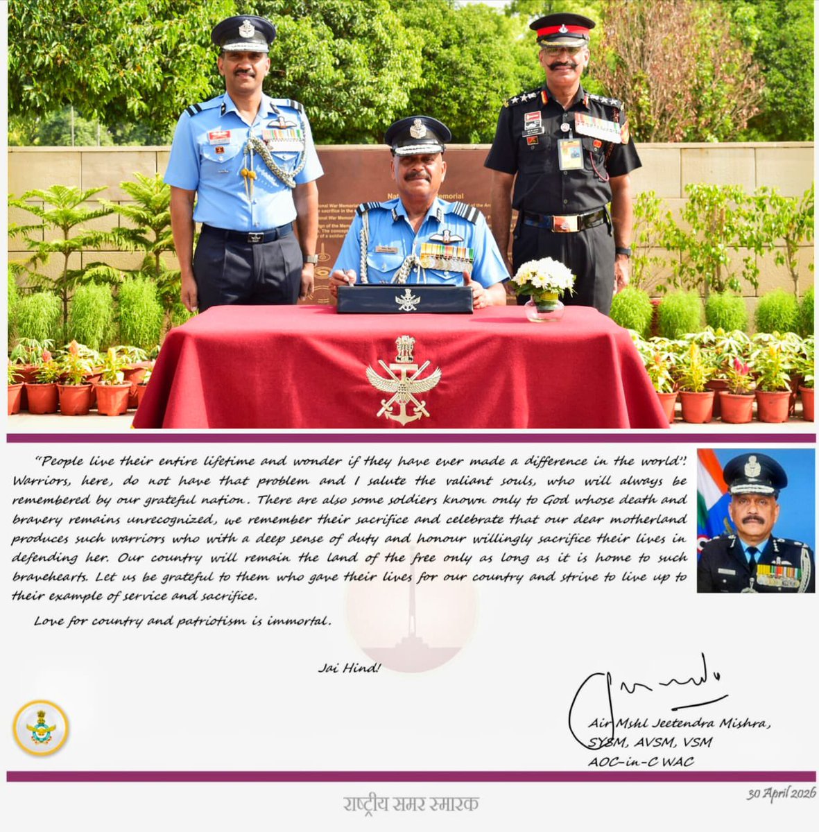 salute2soldier's tweet image. On his superannuation, Air Mshl Jeetendra Mishra, SYSM, AVSM, VSM, AOC-in-C WAC, laid a wreath at #NationalWarMemorial, paying homage to our #Bravehearts. With a solemn salute, he honoured the fallen whose supreme sacrifice continues to inspire the #Nation.