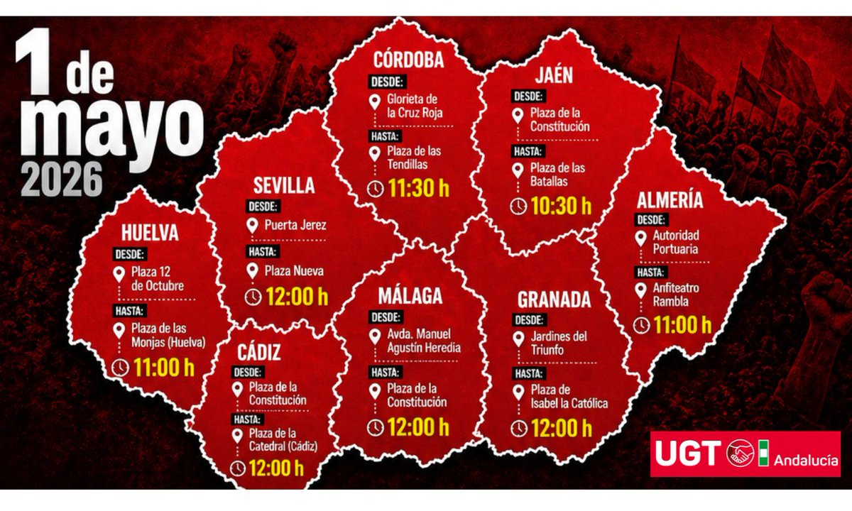 UGT_Andalucia's tweet photo. 📢✊ 1 de mayo 
Derechos, no trincheras.
Salarios, vivienda y democracia.

📍 Andalucía se moviliza:
Huelva 11:00 | Sevilla 12:00 | Cádiz 12:00
Córdoba 11:30 | Jaén 10:30 | Málaga 12:00
Granada 12:00 | Almería 11:00

❤️ Por el empleo digno y la justicia social

#1Mayo #DíaDelTrabajo #UGTAndalucía #TrabajoDigno #PrimeroDeMayo