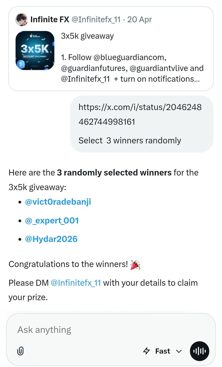Infinitefx_11's tweet photo. Congratulations to winners 
@vict0radebanji
@_expert_001
@Hydar2026

Claim your accounts from blueguradian discord https://t.co/BvfmBrGwCe