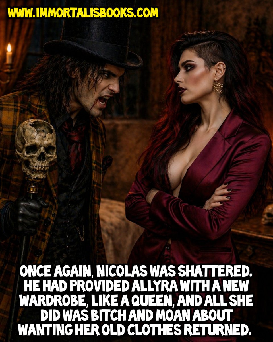 MrDibbleDB's tweet image. Once again, Nicolas was shattered. He had provided Allyra with a new wardrobe, like a queen, and all she did was bitch and moan about wanting her old clothes returned. 
Immortalis by Dyerbolical #Horror #Books #NSFW #BookTok Coming Soon #darkromancebooks