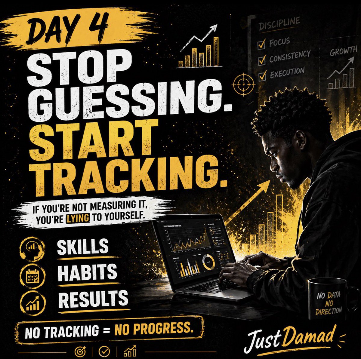 JustDamad's tweet image. Do I need to tell you why you are always stagnant and not seeing yourself moving forward as a Data Analyst and a Techbro?

You’re not stuck…
you just don’t track anything.

Be honest:
What exactly are you improving right now?