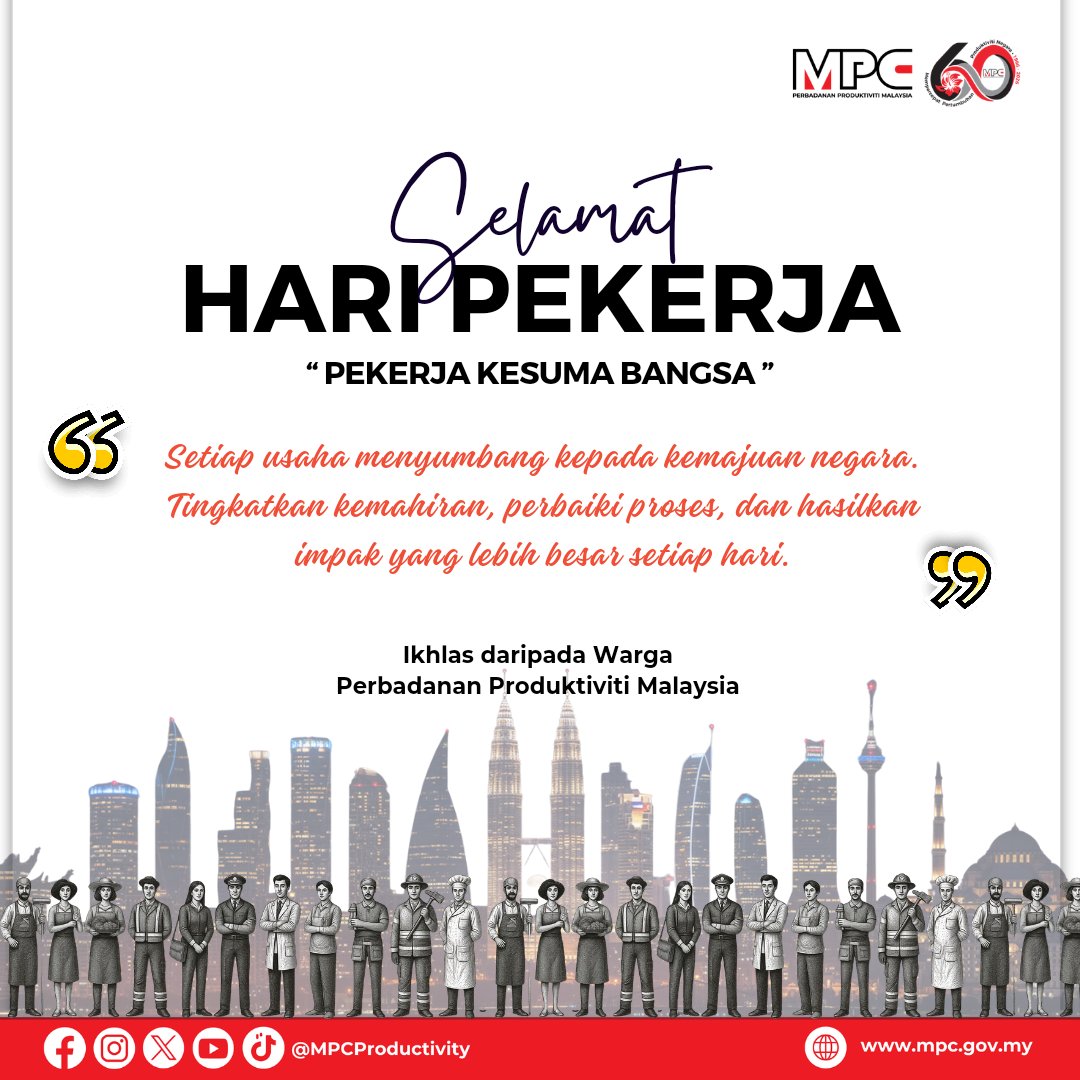 MpcProductivity's tweet photo. Setiap pekerja adalah pemacu utama pertumbuhan ekonomi. Gunakan peluang untuk berinovasi, tingkatkan kecekapan, dan cipta nilai yang berterusan dalam setiap peranan yang kita galas.

Selamat Menyambut Hari Pekerja, Pekerja KESUMA Bangsa!

@MITIMalaysia

#Produktiviti #MalaysiaProduktif #MemacuProduktivitiNegara #MPC60tahun