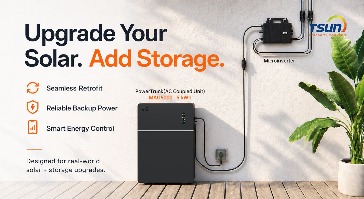 TSUN_ESS's tweet photo. Already have solar? Upgrade it. Add storage.
With #TSUN’s solution, upgrading your system is simple and efficient:
✔ Seamless retrofit 
✔ Reliable backup power
✔ Smart energy control
👉 Upgrade your solar the smart way.
📩 sales@tsun-ess.com🌐 https://t.co/cwHZANAuaP https://t.co/iWAkmGvwIV