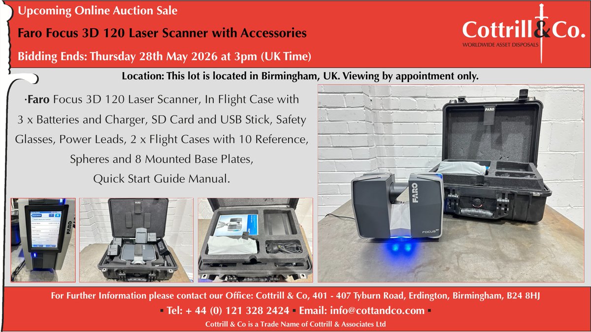 Cottrill_and_Co's tweet image. 📆 Online #Auction Sale - 28 May 2026 - Faro Focus 3D 120 Laser Scanner with Accessories #cnc #EngineeringUK #engineering #ukmfg #usedmachines #manufacturinguk #manufacturing

Link to Auction: cottandco.com/en/lots/auctio…