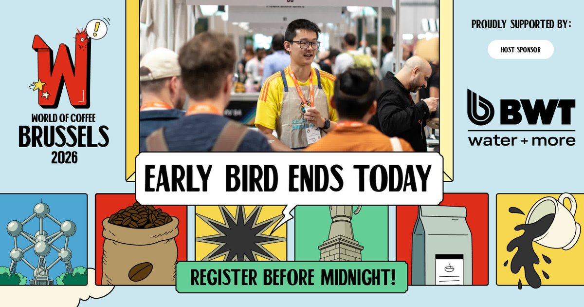 SpecialtyCoffee's tweet photo. Last call! ⏰ Early Bird rates for World of Coffee Brussels end today—don't miss your chance to save and be part of one of the most exciting coffee events of the year. Secure your spot now before prices go up! ☕✨
Proudly supported by BWT water+more https://t.co/tllGj60ZYa