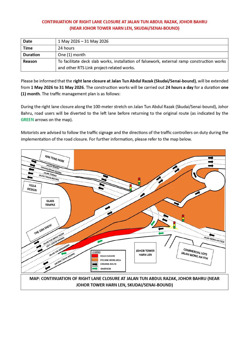 RTSLink's tweet photo. ⚠️ CONTINUATION OF RIGHT LANE CLOSURE AT JALAN TUN ABDUL RAZAK, JOHOR BAHRU (NEAR JOHOR TOWER HARN LEN, SKUDAI/SENAI-BOUND)

Date: 1 May - 31 May 2026
Time: 24 hours
Duration: One (1) month
Read more: https://t.co/6UhQNRzib0

#jbtu https://t.co/pCAGxlRhvX