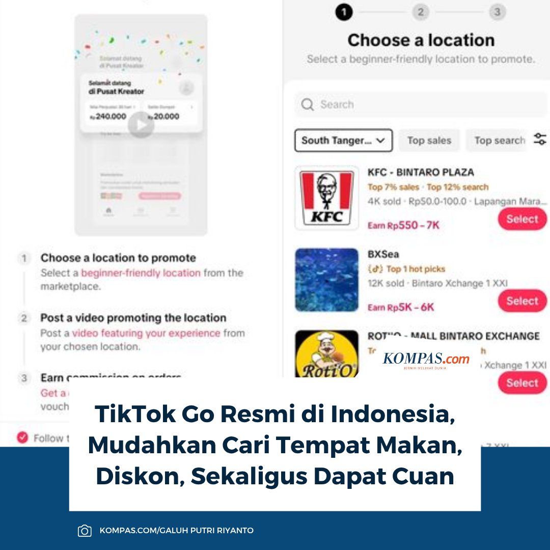 KompasTekno's tweet image. Baca di sini: tekno.kompas.com/read/2026/04/3…

TikTok meluncurkan TikTok Go by Tokopedia di Indonesia, memudahkan pengguna menemukan rekomendasi tempat makan dari video, lalu langsung melihat detail lokasi, menu, hingga voucher diskon yang tersedia.

~AM #TikTokGo #Tokopedia #Makan