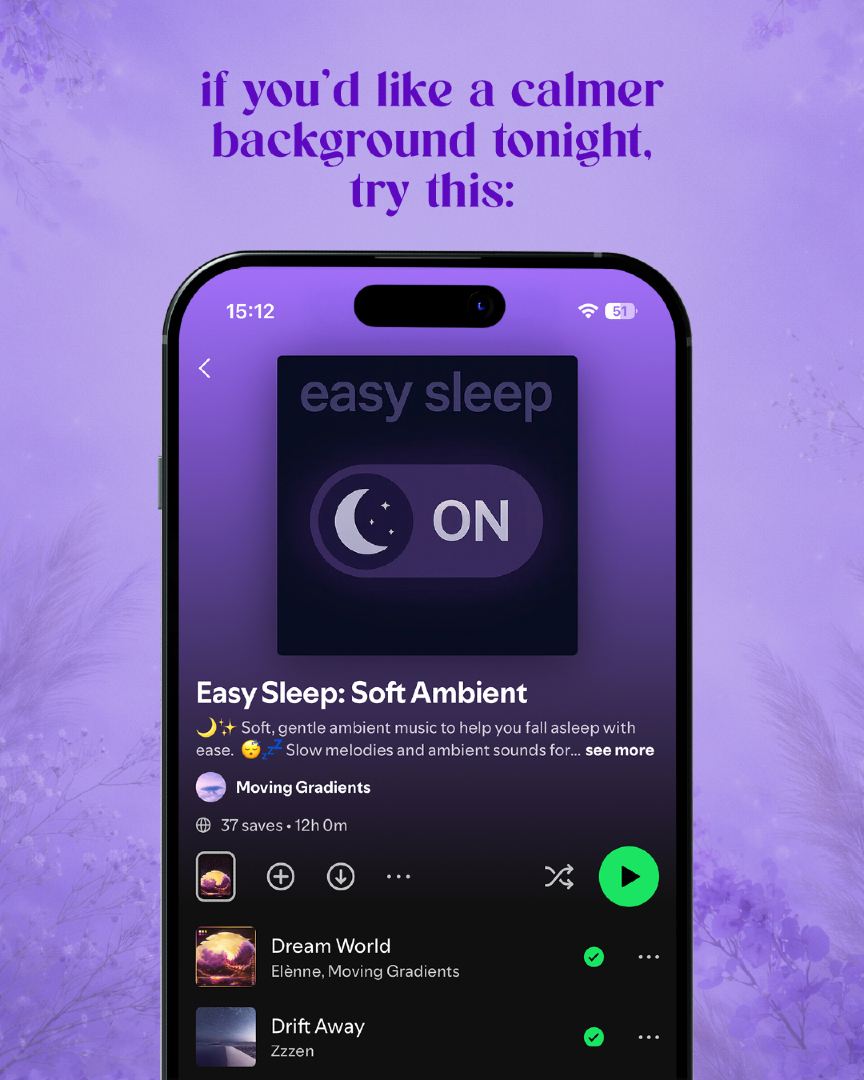 MGradients's tweet image. You aren’t "broken", you’re just stuck in alert mode. 💜 Your body can learn a new rhythm with the right cues. Let our "Easy Sleep" Spotify playlist help you transition into a softer state tonight.

#Restoration #SlowLiving #MentalHealth #Spotify #SleepTips
