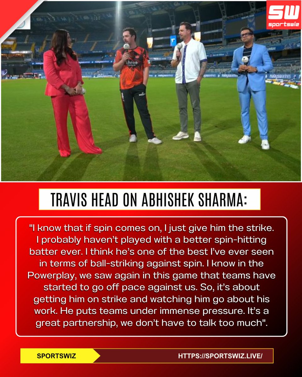 mysportswiz's tweet image. Travis Head heaps praise on Abhishek Sharma’s spin-hitting ability 🏏💥

Says he hasn’t seen many better — once spin comes on, it’s all about giving Abhishek the strike and letting him dominate 👑🔥

Sportswiz.live

#TravisHead #AbhishekSharma #SRH #IshanKishan #GTvsRCB