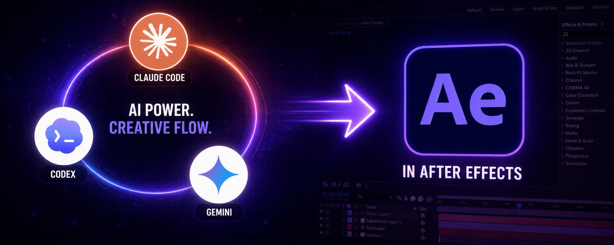 suza_vfx's tweet photo. Want to connect Claude Code, Codex or Gemini directly to After Effects to get things done?
Watch here:
https://t.co/sWzNeiesxs https://t.co/56SI5j684V
