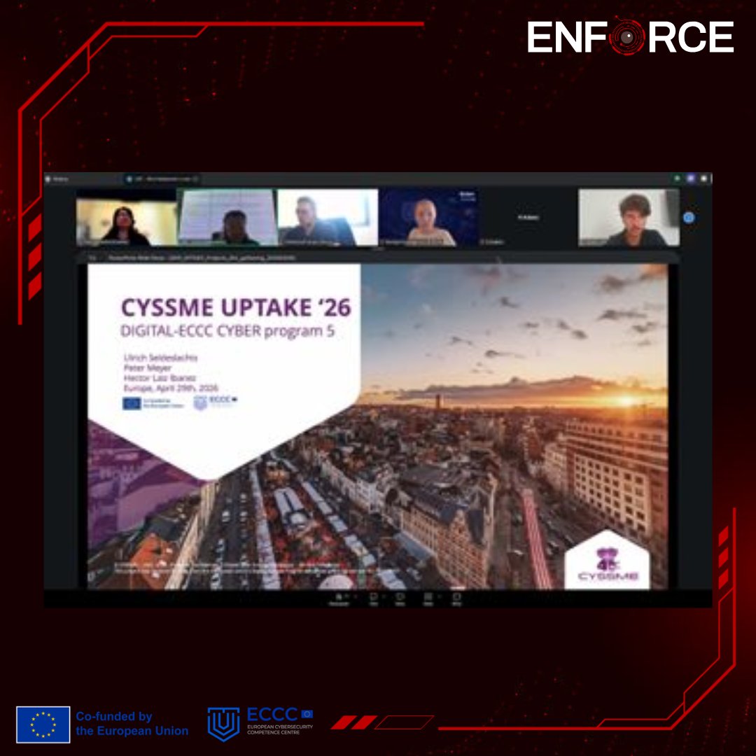 ENFORCE_EUP's tweet image. ENFORCE joined the CyberProjects cluster webinar on 29 April 2026 alongside CONSOLE, CYBERSUITE, NERO, CYBERAID, ACT4FOOD, ACTIX &amp;amp; SONIC.

Great discussions on synergies, standardisation, impact &amp;amp; exploitation.

Looking forward to continued collaboration!

#Cybersecurity #ECCC