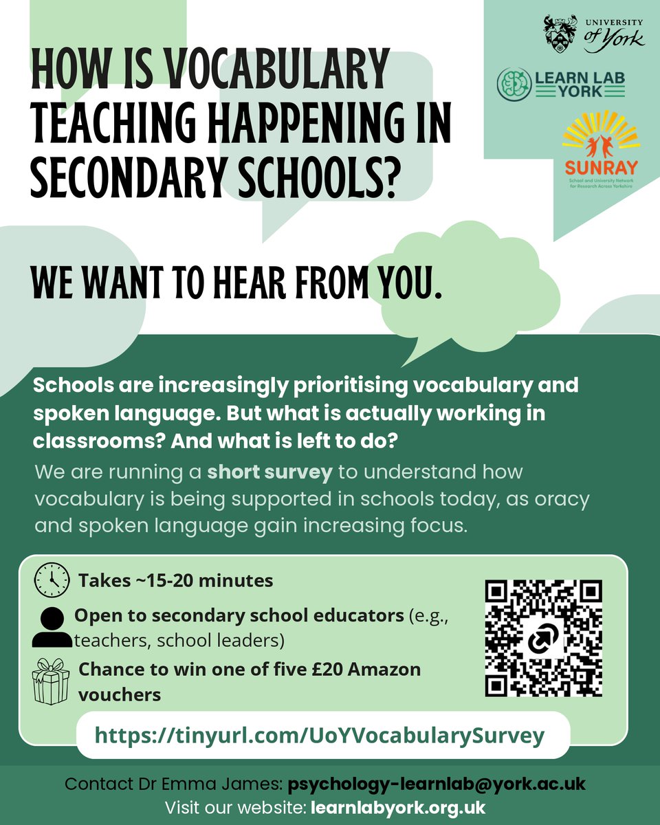emljames's tweet image. Are you a UK #secondaryschool teacher/leader? We're looking to hear from educators across all curriculum areas about how #vocabulary is being supported in your school. Please share! 
⏱ 15–20 minutes (can leave &amp;amp; return)  
🎁 Chance to win a £20 voucher 
tinyurl.com/UoYVocabularyS…