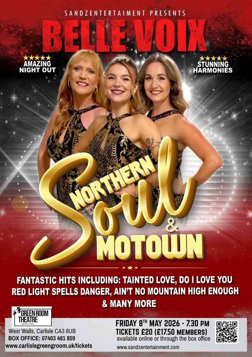 DiscoverCarlisl's tweet image. Get ready for a high-energy, feel-good night of #Motown classics and #NorthernSoul anthems with Belle Voix at West Walls Theatre on Friday 8 May.
 
This is more than a show… it’s a soul-filled party atmosphere celebrating #music that defined generations - tinyurl.com/2js4wkdv