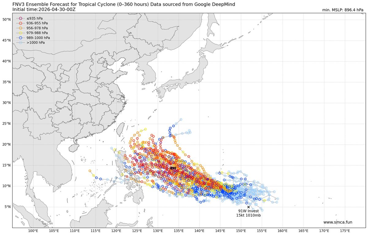 yunyan350's tweet image. #WesternPacific
#tropicalcyclone
#typhoon
集合數據預報對5月份的西北太平洋一塊有強烈反應，未來在這裏或將誕生一個新的颱風。