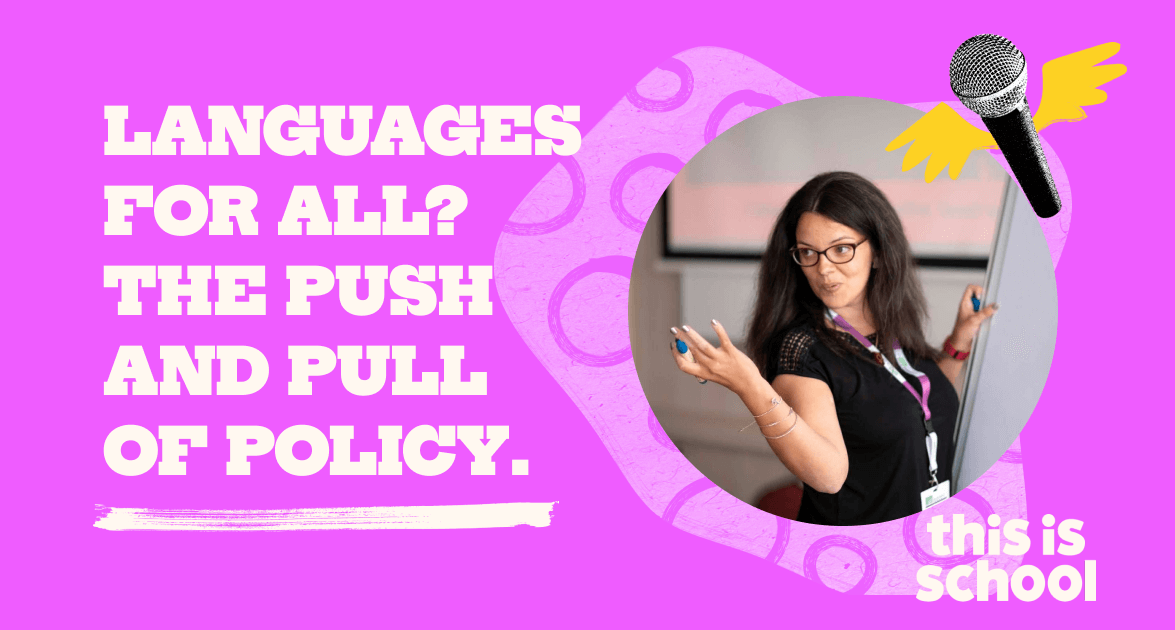 thisis_school's tweet photo. Watch back 👉🏽 Languages for All? The Push and Pull of Policy, with @DrAParrish. Exploring how education policy, including EBacc and P8, has impacted language learning in schools across the UK. https://t.co/UoKZOSdE7I https://t.co/PfxcinpU1C