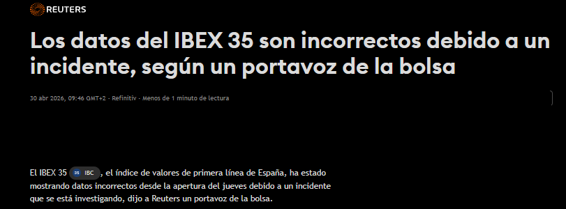 JCPF_Carlos's tweet image. 📌#MERCADOS #INVERSION #IBEX35 

👉Los datos del IBEX 35 son incorrectos debido a un incidente, según un portavoz de la bolsa.