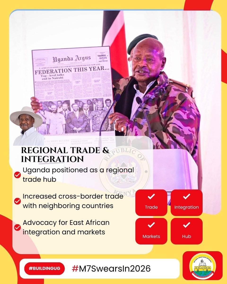 President Yoweri Museveni has continuously advocated for East African Integration and markets through increased cross-border trade with neighboring countries.

#WhyUgDecidedM7
#M7SwearsIn2026