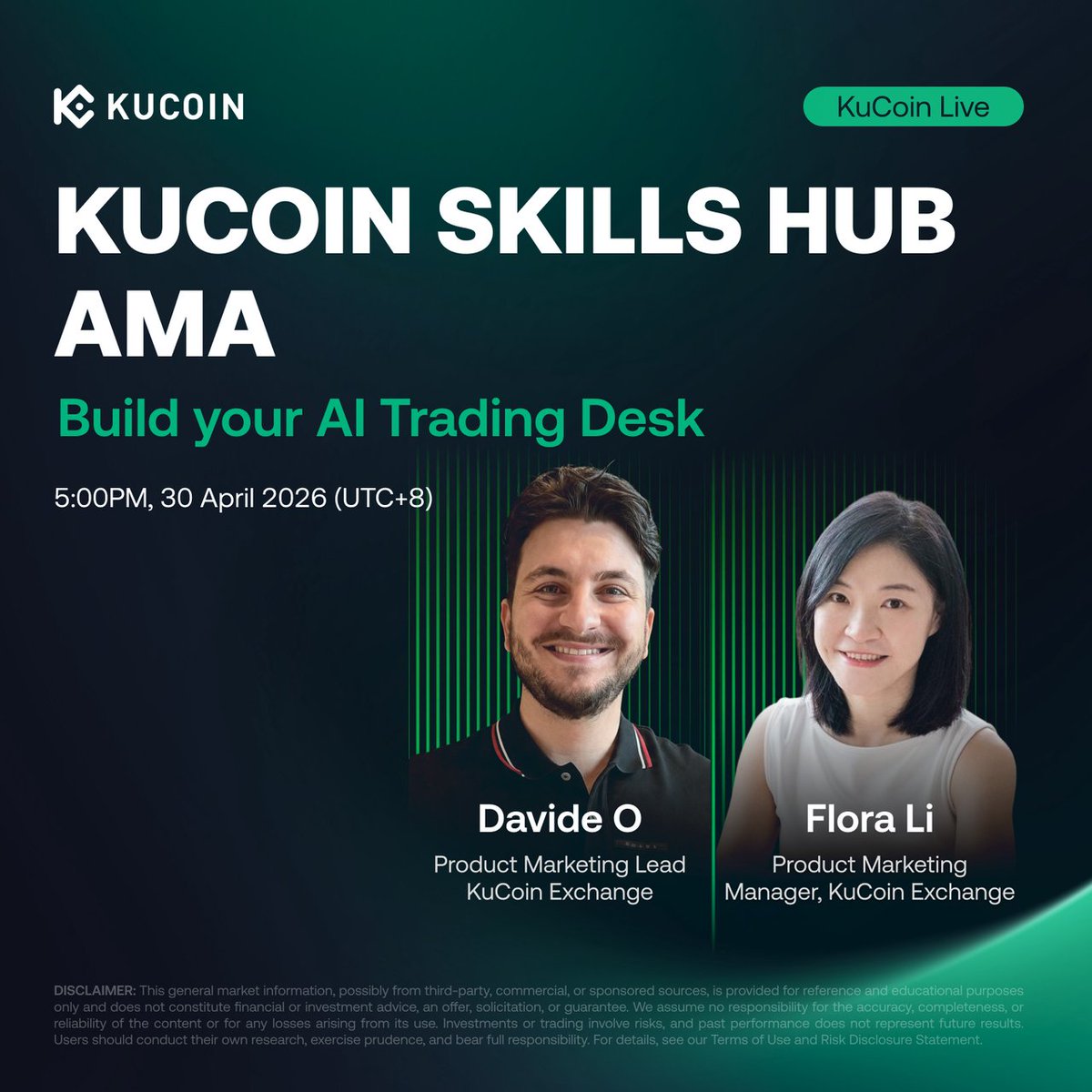 KuCoinLive_en's tweet image. Set a reminder for our upcoming #AMA on KuCoin Skills Hub!

Hang with our product marketing team to learn about KuCoin's AI products!

🗓️ April 30 at 5:00pm (UTC+8)
📢 KuCoin Live within our App.

Download App: link.kucoin.com/iqEP/hdp3kd94

#KuCoinLive #KuCoin #AMA