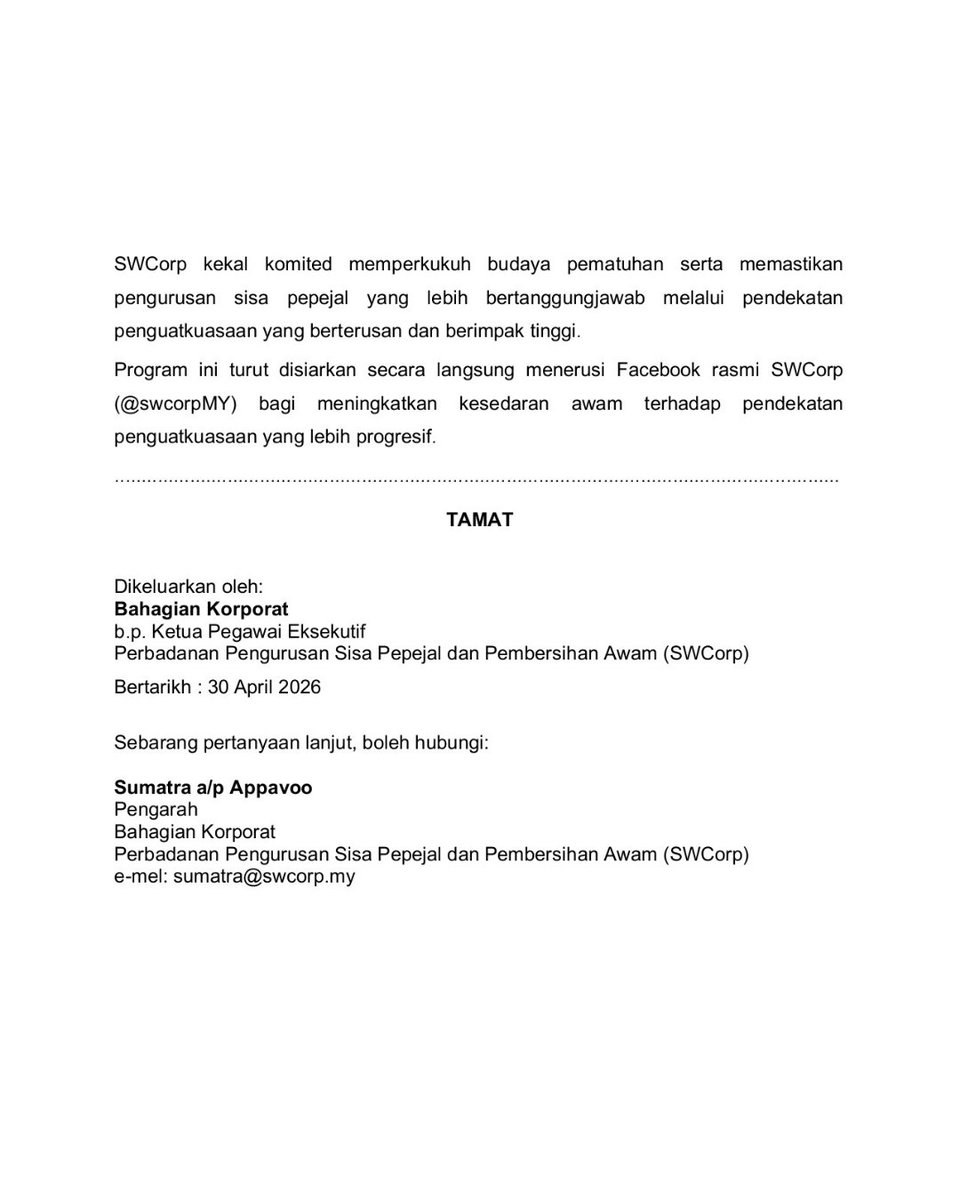 swcorp_my's tweet image. SIARAN MEDIA | SWCorp PERKUKUH PERINTAH KHIDMAT MASYARAKAT (PKM) MELIBATKAN PENJAWAT AWAM DAN PELBAGAI KATEGORI PESALAH SEBAGAI LANGKAH PENGUATKUASAAN BERSEPADU

#RancakkanMADANI
 #StrongerTogether
 #DemiPertiwi #PerintahKhidmatMasyarakat
 #SWCorpGrowth