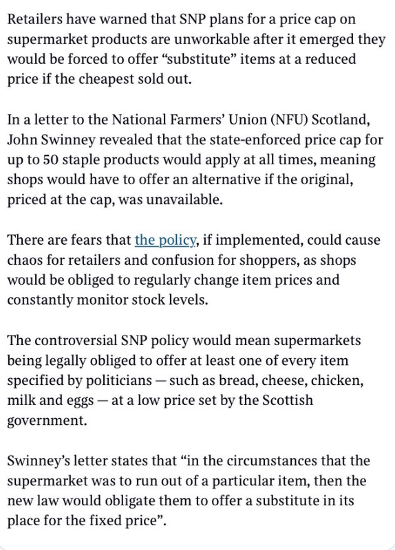 alexmassie's tweet photo. It's just as well the SNP's price-controls policy for food isn't going to happen because it is even more idiotic than it first appeared. 
Forcing companies to operate at a loss is not a very good idea. https://t.co/aKux2SLtDK