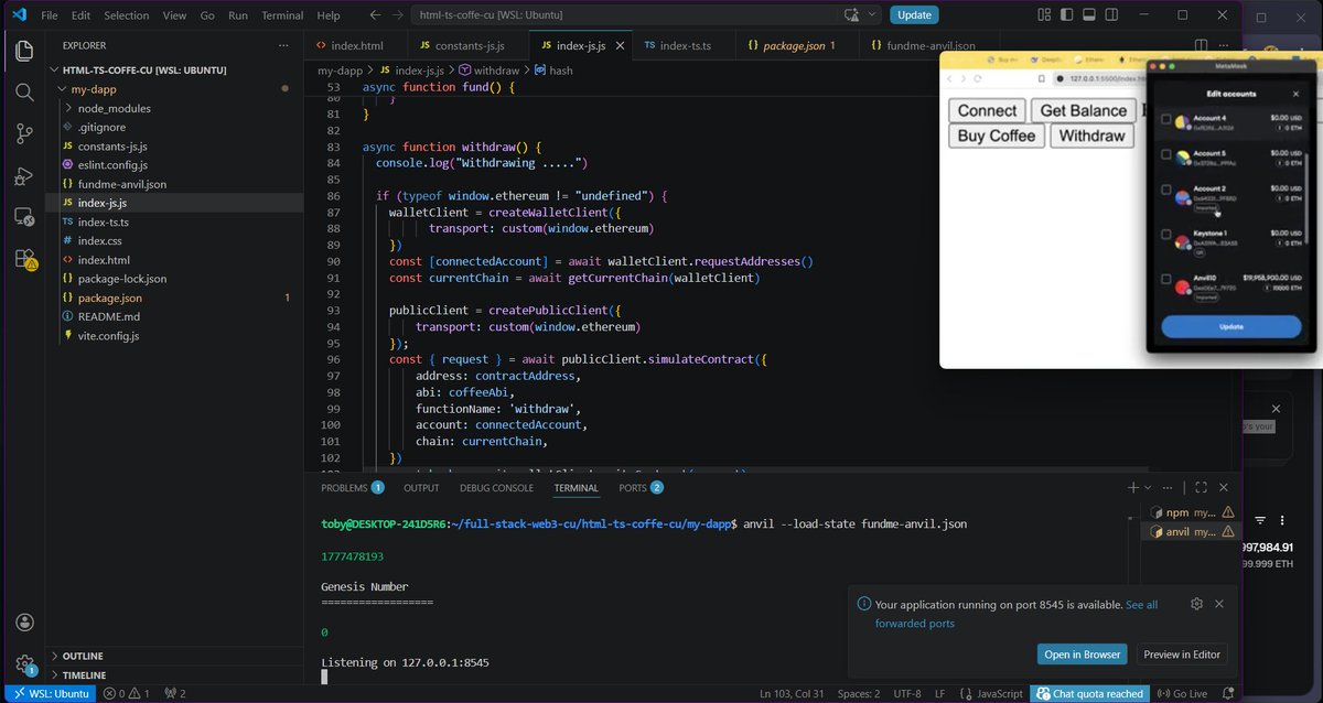 TobyTech6's tweet photo. Web3 dev log — Section 2 done ✅
Highlights from today:
→ Hit a real bug: MetaMask kept connecting to Ethereum instead of my local Anvil chain — no funds, no transactions. Fixed it by switching networks manually and using Anvil's test accounts 

#Web3 @CyfrinUpdraft https://t.co/SFDR2Rqj4g
