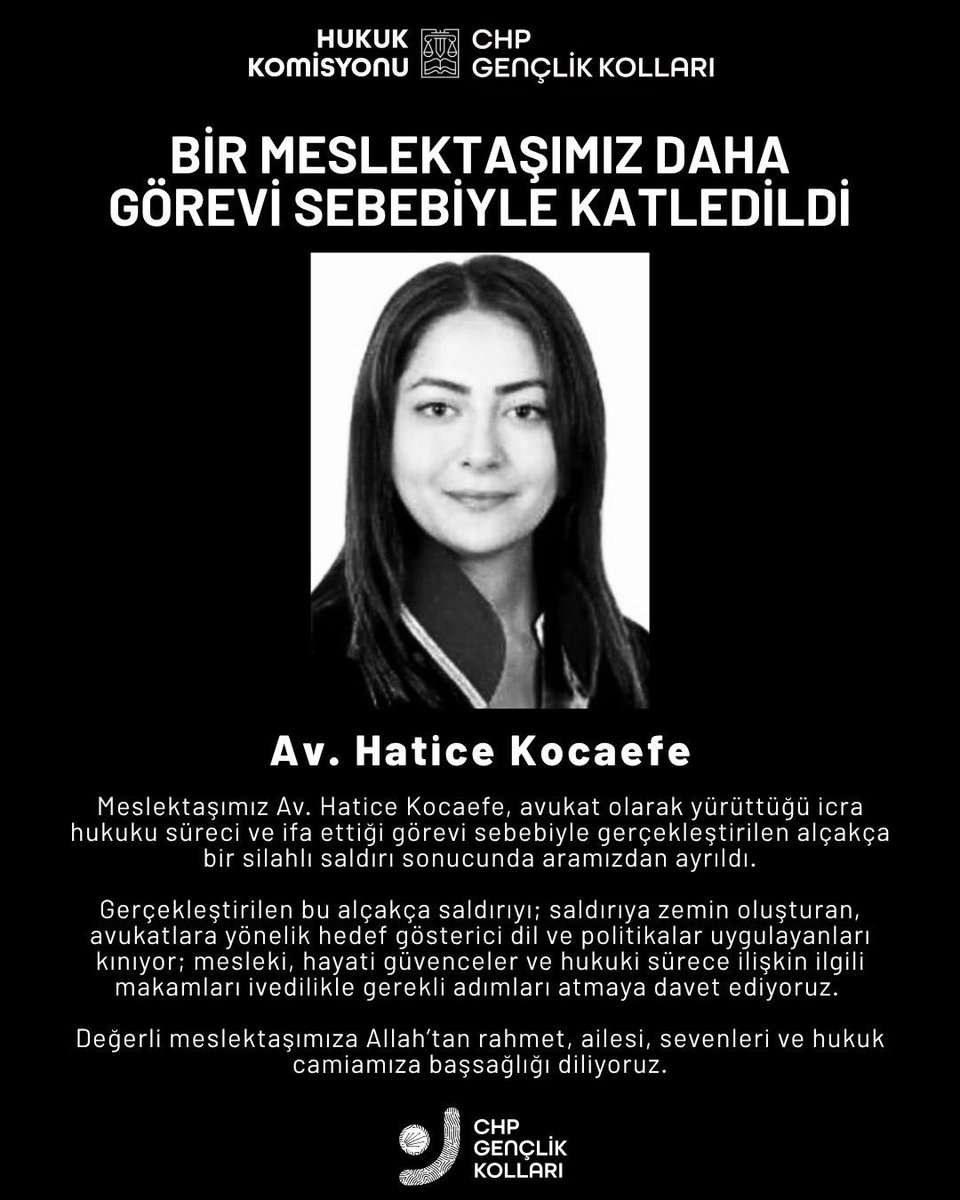 Genç yaşında hayatını kaybeden Av. Hatice Kocaefe’ye Allah’tan rahmet, ailesi ve meslektaşlarına başsağlığı diliyorum.