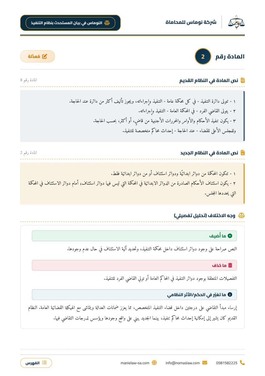 nomaslllaw's tweet photo. تُمثِّل أنظمة التنفيذ ركيزةً جوهريةً في منظومة العدالة، إذ بها تُصان ��لحقوق وتُترجم الأحكام إلى أثرٍ واقعي. وقد أحدث المنظِّم السعودي تطويرًا في نظام التنفيذ، يعكس مرحلةً متقدمةً من التحديث المؤسسي والإجرائي، ويستجيب لمتطلبات السرعة والكفاءة في حماية المراكز النظامية.

تأتي هذه الدراسة لتقدِّم قراءةً مقارنةً تفصيليةً بين نظام التنفيذ السابق والنظام الجديد، عبر منهجٍ تحليليٍّ يستعرض كل مادةٍ على حدة، ويُبرز ما استُحدث، وما ألُغي، وما عُدِّل، ويُحلِّل وجه الاختلاف وأثره النظامي. وقد جاءت في صورةٍ منظَّمةٍ تُيسِّر على الباحث والممارس الرجوع السريع، والوقوف على دلالات التطوير التنظيمي.

تتشرَّف في شركة نوماس للمحاماة بتقديم هذا العمل ثمرةً من ثمار وحدتها للدراسات النظامية، إسهامًا في إثراء المكتبة النظامية الوطنية، ودعمًا للممارسين والمختصين في فهم أعمق لتحولات التنظيم.

أحصل على نسخة مجانية من هنا:  
https://t.co/ZMjWoGDi25