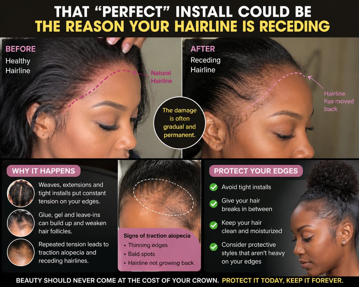 Mocking_Man's tweet photo. Our women are losing their hairlines because of the weaves and extensions they install on the daily.

That ‘perfect’ installation ladies, is the reason your hairline is receding.

NB: Ngeke ng'phume ey'ndabeni zabafazi😁 https://t.co/slORFiOo55