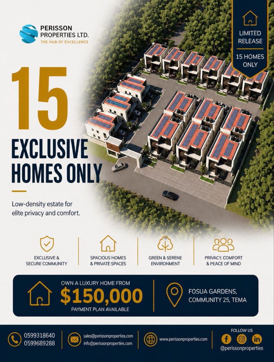 perissonpropt's tweet image. A limited collection of 15 homes, designed for privacy, space, and a more considered way of living.

Reach out to learn more
 wa.me/233599689288

#PerissonProperties
#LuxuryLivingGhana
#OffGridLiving