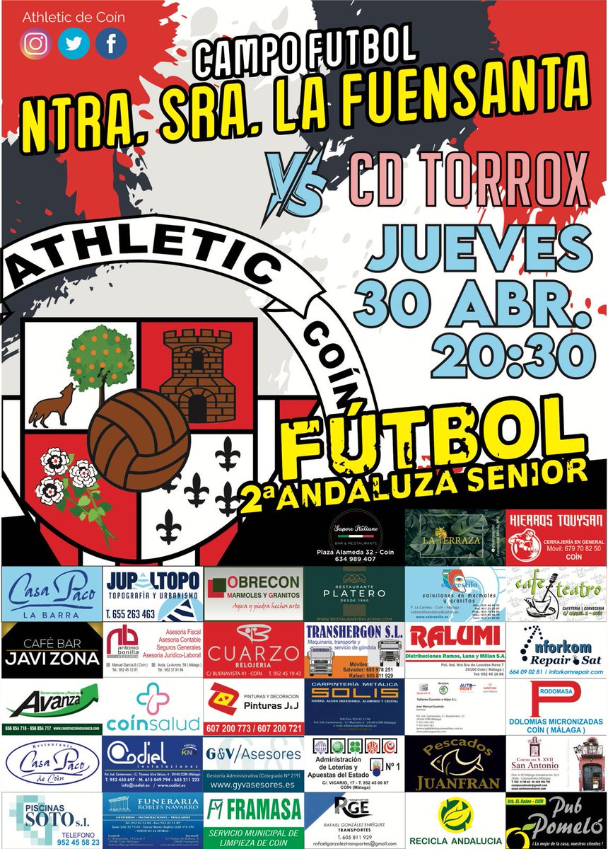 AthleticdeCoin's tweet photo. Día de partido.

Último encuentro en La Fuensanta, con un partido vital frente al Torrox a las 20:30 h

Hay que lograr los tres puntos para asegurar la cuarta plaza y seguir luchando por el ascenso.

La entrada será gratis, ya que necesitamos tu apoyo  para lograr esta victoria https://t.co/k2Wau4tiir