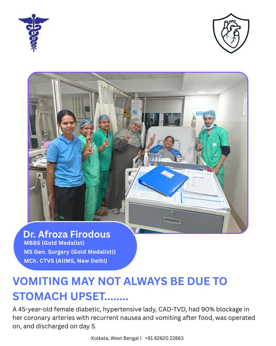 DrAfrozaCTVS's tweet image. VOMITING MAY NOT ALWAYS BE DUE TO STOMACH UPSET........

A 45-year-old female diabetic, hypertensive lady, CAD-TVD, had 90% blockage in her coronary arteries with recurrent nausea and vomiting after food, was operated on, and discharged on day 5.

#CTVS #PatientCare