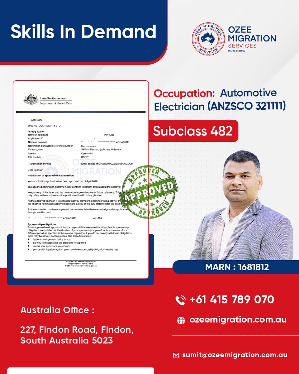 OzeeMigration's tweet image. Congratulations to 𝐌/𝐒 𝐀𝐔𝐓𝐎𝐌𝐎𝐓𝐈𝐕𝐄 𝐏𝐓𝐘 𝐋𝐓𝐃 on the successful approval of their Nomination Application under the  Skills in Demand Visa

📞 +61 415 789 070
🌐 ozeemigration.com.au
#ozeemigration #visasuccess #subclass482 #skillindemandvisa #employersponsorship