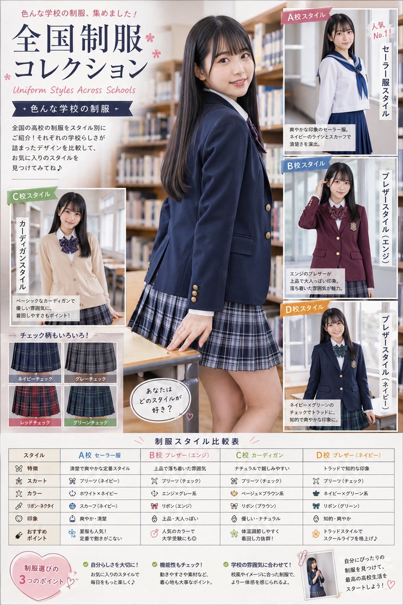 yamayamajobrock's tweet image. 「色んな学校の制服」を紹介してみたよ！

  後半はお友達にモデルしてもらった🏫

#jk #女子高生 #制服 #AI美女 #AIart️️️️️