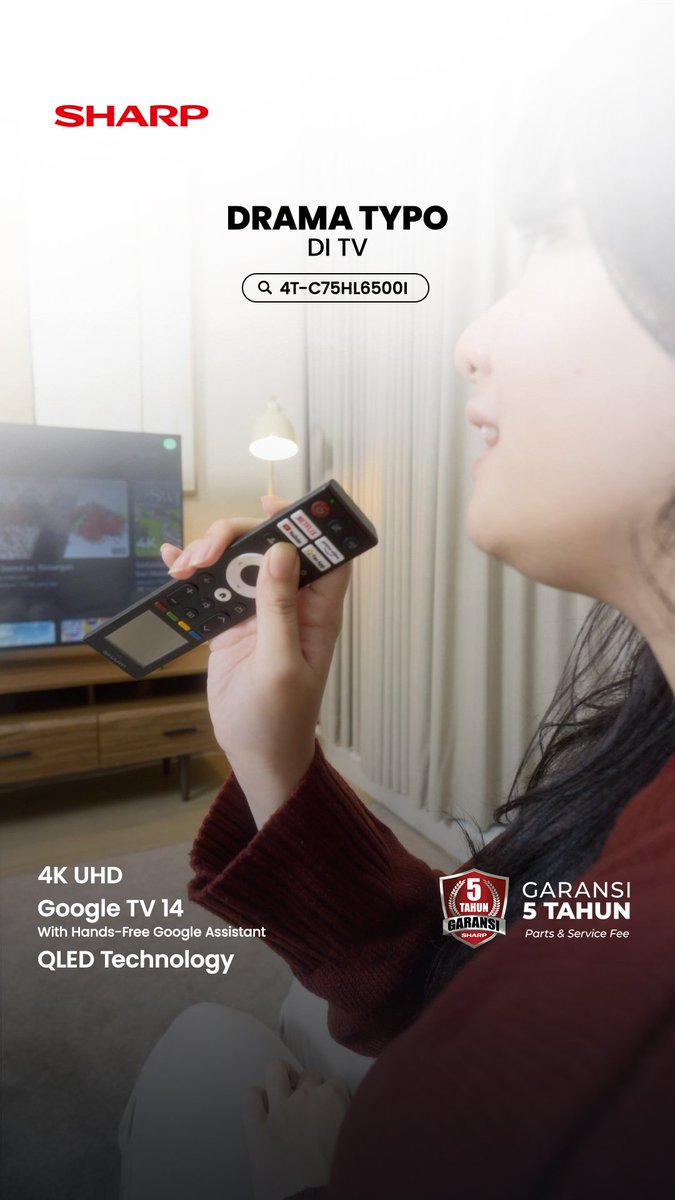 sharpindonesia's tweet image. Hidup jadi lebih mudah dengan Hands-Free Google Assistant di SHARP AQUOS Google TV - H Series. Nonton makin puas, kendali makin cerdas.

Yuk upgrade ruang keluarga kamu sekarang! 🍿✨

#SHARPIndonesia #GoogleTV #QLEDTV #SmartHome #VoiceAssistant