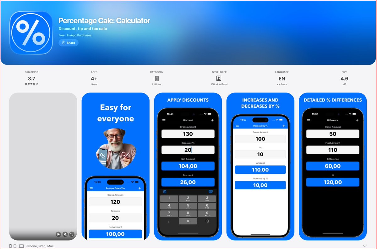 ottorinobruni's tweet image. Percentages, discounts, tips all in seconds ⚡
A fast, no-friction calculator for everyday math
apps.apple.com/us/app/percent…
#indiedev #iOS #productivity