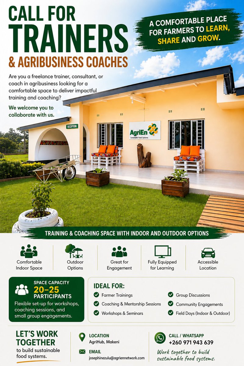 AgriEn_Network's tweet photo. Are you an agribusiness trainer or coach looking for the right space to deliver impact? 

AgriEn Hub in Makeni offers a fully equipped, comfortable training space, perfect for workshops, coaching sessions, and farmer engagement.

📞 Call/WhatsApp: +260 971 943 639 https://t.co/B8XdFEjKfT