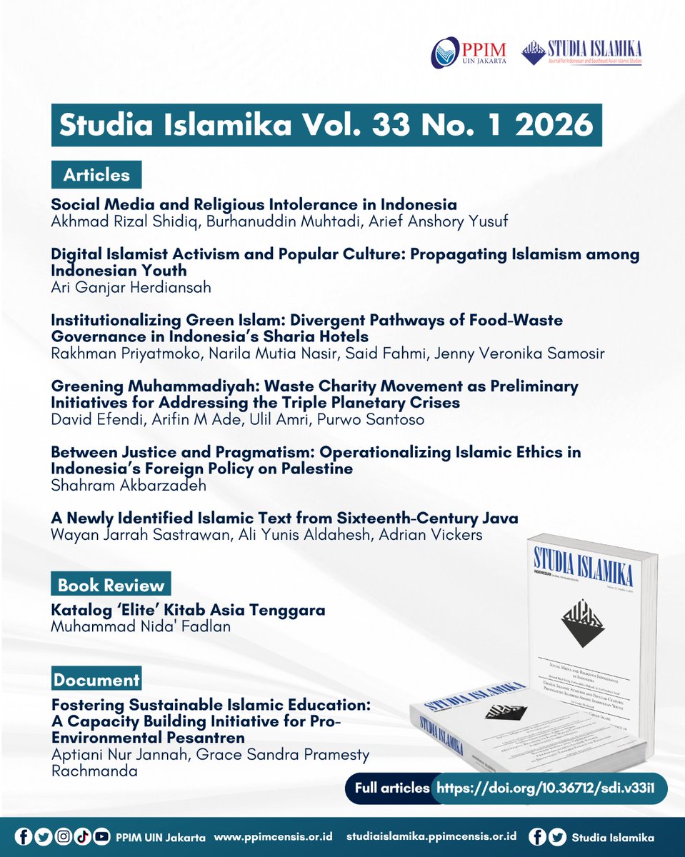Dear all, We proudly present the latest issue of Studia Islamika Vol. 33 No. 1 2026 (Indexed by Scopus Q1). Please find and cite the articles here studiaislamika.ppimcensis.or.id

#StudiaIslamika #PPIMUINJakarta
<a href="/nidafadlan/">Muhammad Nida Fadlan</a> <a href="/abdullahmaulany/">Abdullah Maulani</a> <a href="/savranbillahi/">Savran Billahi</a> <a href="/testriono/">Testriono</a>