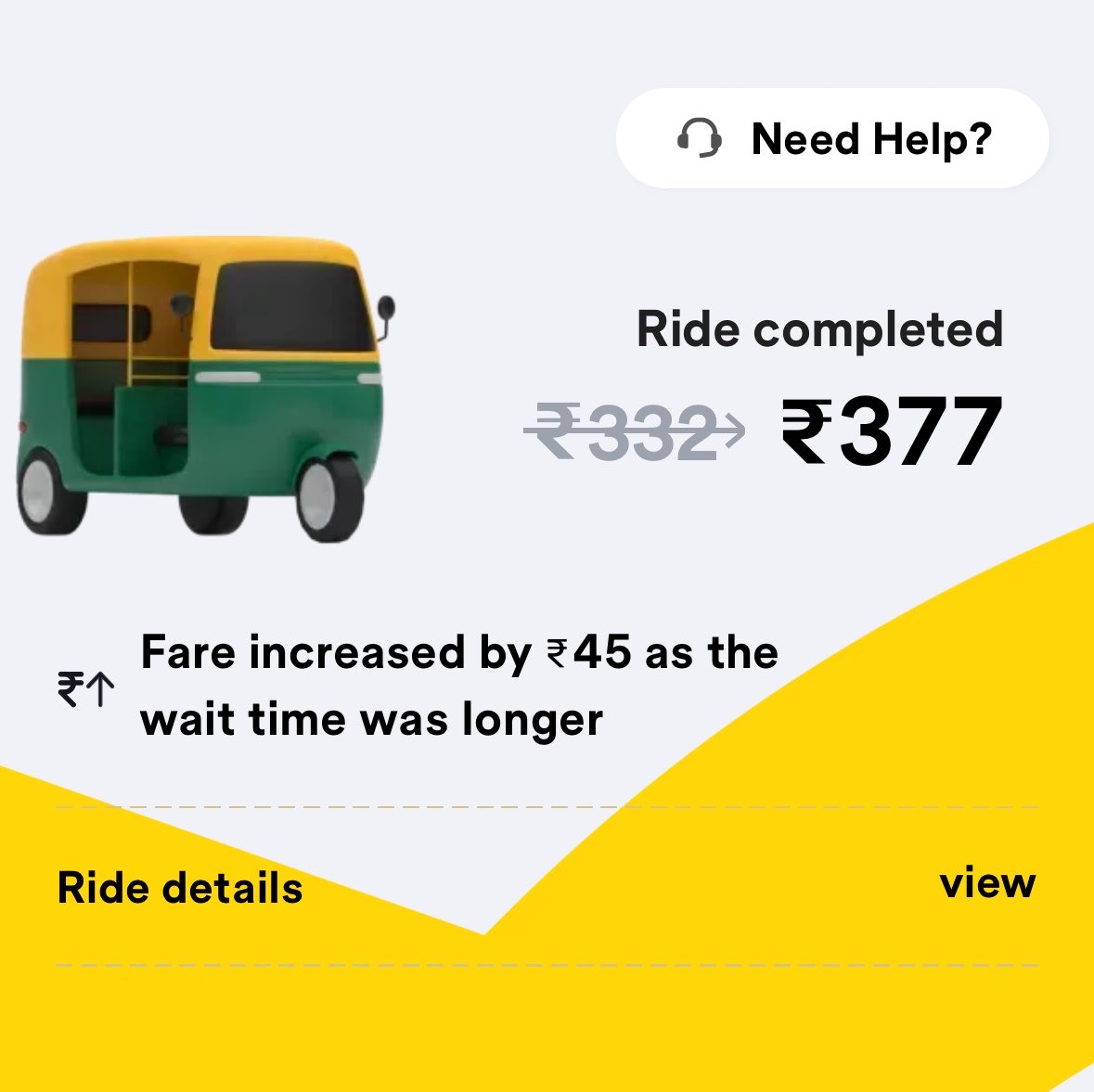 28_kamta's tweet photo. @nammayatri Again the same issue in just 1 week, worst customer support and no action by your team??? Booked an auto at ₹332 but got charged ₹377 after the ride for waiting reason??, How does the fare jump like this??? 
Need refund ASAP. https://t.co/PildYl9z6C