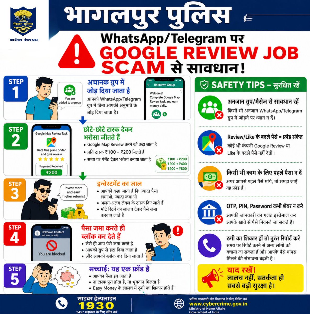PoliceBhagalpur's tweet image. WhatsApp/Telegram पर Google Review Job के नाम पर ठगी से सावधान रहें—लालच नहीं, सतर्कता ही सुरक्षा है।
भागलपुर पुलिस आपकी सेवा में सदैव तत्पर।
@bihar_police
@BiharHomeDept
#CyberAwareness 
#BhagalpurPolice 
#भागलपुर_पुलिस
