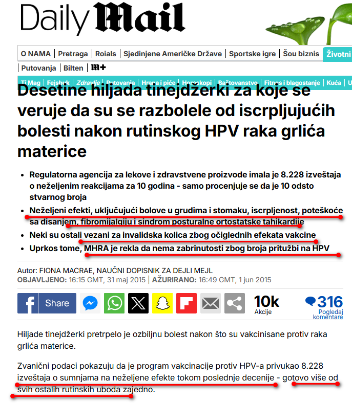 Samo u Engleskoj preko 8 hiljada teških slučajeva nakon obaveznih HPV vakcina zvanično nezvanično preko 100 hiljada nus pojava od čega je veliki broj devojaka ostao invalid ili doživotni pacijent na lekovima za poremećaja disanja fibromijalgije ,tahidrije,trombova i ugrušaka.
